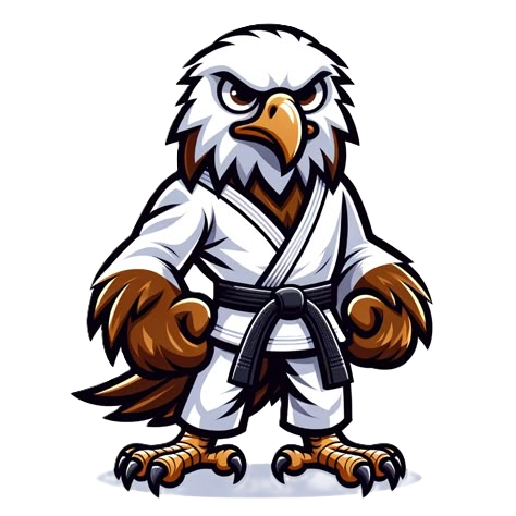 Mascota águila de Tuksury Hapkido con uniforme y cinta negra